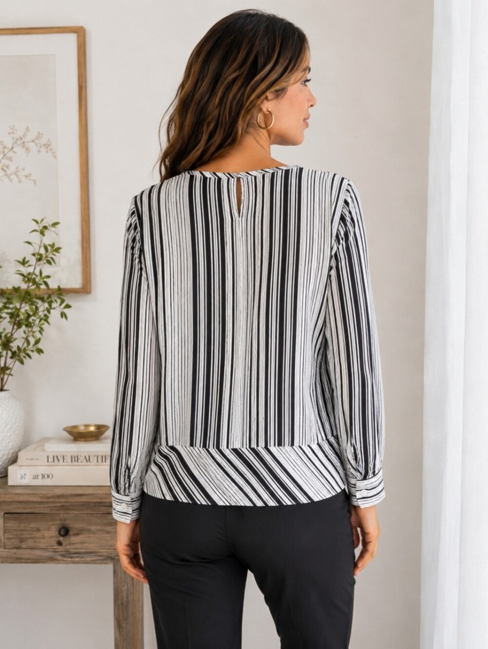 Talbots Poplin Black & White Vertical Stripe Tie-Hem Blouse Career Preppy - Picture 2 of 8